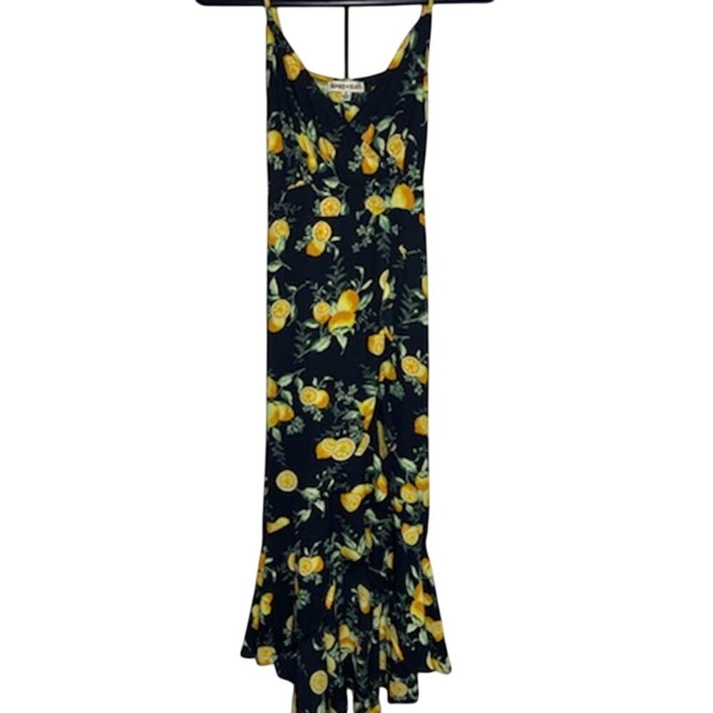 Inspired Hearts Lemon Print Midi Dress Size Small Hi‑Low Ruffle Hem